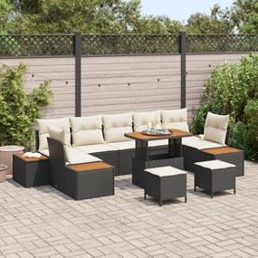 Conjunto de Sofás de Jardim com 10 Peças e Almofadas Preto Ratan de Polietileno Acácia