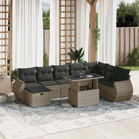 9 pcs conjunto sofás p/ jardim com almofadões vime PE cinzento