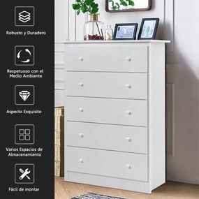 Cómoda de madeira com 5 gavetas com calhas deslizantes macias Armário de arrumação Quarto  80 x 40 x 115 cm Branco