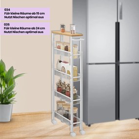 Carrinho de cozinha estreito com rodas e 5 prateleiras 13 x 45,4 x 99,6 cm branco + cor de carvalho