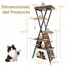 Arranhador para gatos de 185 cm, com vários níveis, 4 plataformas, almofadas, caverna, tapete para arranhar, elásticos e bolas suspensas, em Castanho