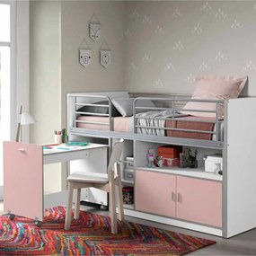 Conjunto Cama infantil BONNY + Secretária extraível + 3 prateleiras + armário com 2 portas + Estrado Rosa