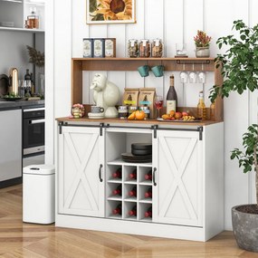 Armário de café-bar 120 x 40 x 127,5 cm com estação de carregamento Portas deslizantes Garrafeira amovível Estantes ajustáveis Branco e nogueira