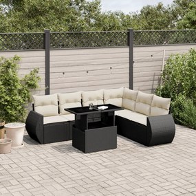 7 pcs conjunto de sofás p/ jardim c/ almofadões vime PE preto