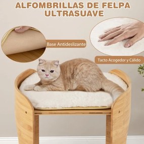 Torre para gatos pequenos de 2 níveis com estrutura de bambu Tapete de pelúcia macio amovível e lavável Buracos para gatos laváveis Bege