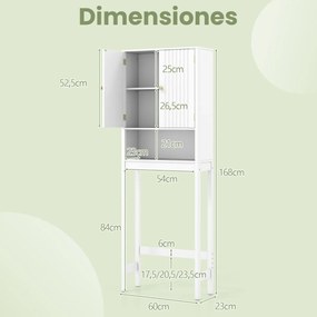 Armário casa banho sobre sanita 60 x 23 x 168 cm com portas caneladas, prateleira ajustável e economizador de espaço branca
