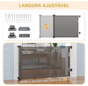 PawHut Barreira de Segurança para Cães Extensível 0-150cm Porta de Proteção Retrátil para Animais de Estimação Barreira para Escadas e Corredores Liga de Alumínio 165x10,7x85cm Cinza