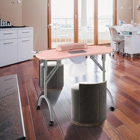 Mesa de manicure portátil 90 x 43 x 73 cm com ventilador elétrico de aspiração, lâmpada LED flexível e saco de pó com rodas bloqueáveis rosa