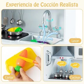 Cozinha de brincar madeira 83 x 29 x 103 cm para crianças a partir dos 3 anos com exaustor, máquina de gelo, telefone, 16 acessórios, sons e luzes rea