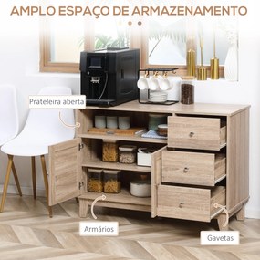 HOMCOM Aparador de Cozinha com 2 Portas de Vime 3 Gavetas e Prateleira Aberta Móvel Buffet Auxiliar para Sala de Jantar Anti-Tombo 110x40x76cm Carvalho