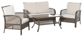 Outsunny Conjunto de 4 móveis de jardim de vime PE Poltrona, sofá duplo e mesa de centro com almofadas laváveis para terraço ao ar livre, marrom e cáqui