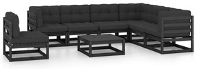8 pcs conjunto lounge jardim c/ almofadões pinho maciço preto