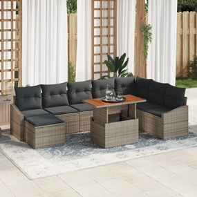 Conjunto de Sofá de Jardim 9 Peças com Almofadas Cinza Polirattan