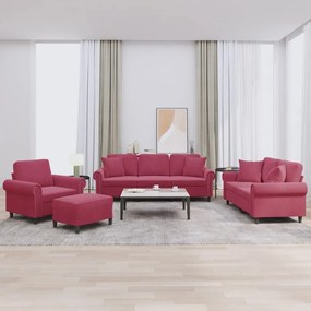 4 pcs conjunto de sofás com almofadas veludo vermelho-tinto
