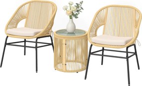 Conjunto de jardim, 3 peças: 2 poltronas confortáveis e mesa em vidro temperado, com almofadas com capas removíveis em bege