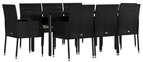 9 pcs conjunto de jantar p/ jardim c/ almofadões vime PE preto