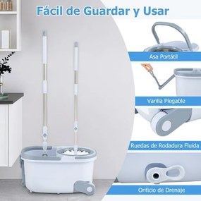 Conjunto de esfregona e balde para lavagem sem mãos com design de tanque duplo 1 esfregona retangular e 1 redonda com 2 almofadas de microfibra azuis