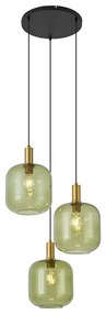 Candeeiro suspenso Hotel Chic preto com dourado e vidro verde 3-luzes - Zuzanna