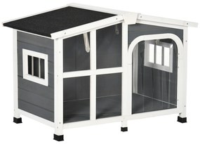 Casa para Cães de Madeira 101x66,5x70,5cm Casa para Animais de Estimação com Teto Abatível Frontal de Acrílico Porta com Cortina e Fundo Amovível Cinz