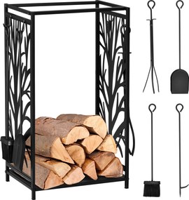 HOMCOM Suporte Lenhas Armazenamento Ferramentas 4 Peças Interior Exterior Design Moderno 46x30x70 cm Preto | Aosom Portugal