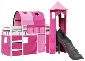 Cama alta para criança com torre 90x190 cm pinho maciço rosa