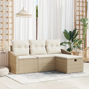 vidaXL Conjunto de Sofá de Jardim de 4 Peças com Almofadas Bege de Rattan Poliéster