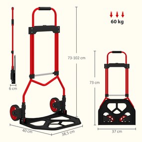 Carrinho de Carga Dobrável com Pega Telescópica Ajustável, 60 kg, com Rodas, para Garagem e Escritório, Vermelho