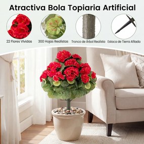 Conjunto de 2 árvores topiárias artificiais de begónia com 22 flores (VASOS NÃO INCLUIDOS), 300 folhas e estacas com terra, 57 cm, para interior, exte