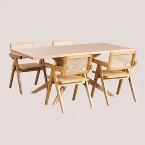 Conjunto De Mesa De Jantar Retangular 180x90 Cm Arnaiz E 4 Cadeiras Com Apoios De Braços Em Madeira De Freixo E Rattan Lali Madeira Natural - Sklum