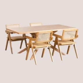 Conjunto De Mesa De Jantar Retangular (180x90 Cm) Arnaiz E 4 Cadeiras Com Braços Em Madeira Fresno E Rattan Lali Style Madeira Natural - Sklum