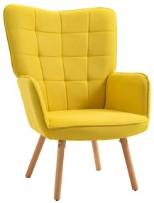 HOMCOM Poltrona de Sala de Estar Moderna Poltrona com Encosto Alto Apoio para os Braços Tecido de Linho e Pés de Madeira de Faia para Sala de Jantar Cozinha 71x76x101 cm Amarelo