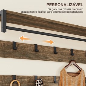 Móvel Cabide de Entrada com Banco 10 Ganchos 2 Gavetas e Barra para Pendurar Estilo Industrial 100x40x180 cm Castanho Rústico