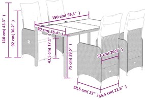 5 pcs conjunto bistrô de jardim c/ almofadões vime PE cinza