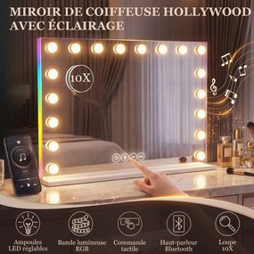 Espelho de maquilhagem Hollywood 80 x 14 x 60 cm com 18 lâmpadas LED, 3 cores de iluminação, luz RGB, altifalante Bluetooth, branco