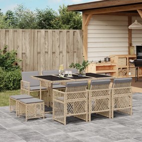 11 pcs conjunto de jantar p/ jardim com almofadões vime PE bege