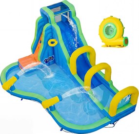 Parque aquático castelo insuflável com escorrega 465 x 345 x 242 cm, parede de escalada, aro de basquetebol, piscina, jatos de água e ventilador de 95