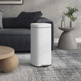 Caixote do lixo de cozinha de 30 L com tampa de fecho suave e pedal, balde interior removível, 28 x 35 x 63,5 cm, branco