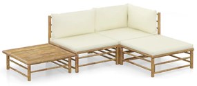 vidaXL 4 pcs conj. lounge p/ jardim em bambu c/ almofadões branco nata