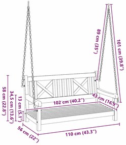 Banco de Balanço para Jardim de 2 Lugares 110x56x58 cm de Madeira Sóli