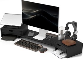 Suporte elevador para ecrã de computador de secretária, suporte para ecrã de computador de 60 a 116 cm com 2 gavetas, comprimento e ângulo ajustáveis,