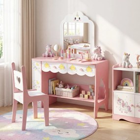 Conjunto de Toucador Infantil com Banco, 80 x 40 x 110 cm, Design 2 em 1, Cor-de-rosa