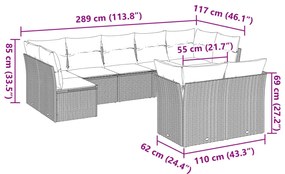 9 pcs conj. sofás jardim com almofadões vime PE cinzento-claro