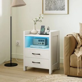 Mesa de cabeceira 45 x 35 x 60 cm com luzes LED e tomadas com 2 gavetas e prateleira aberta Branca