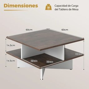 Mesa de centro quadrada 60 x 60 x 32,5 cm de 2 níveis com 4 compartimentos de armazenamento Base em forma de cruz Castanho rústico