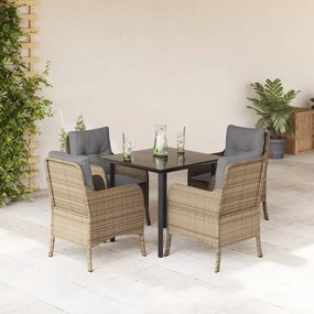 5 pcs conjunto de jantar p/ jardim com almofadões vime PE bege