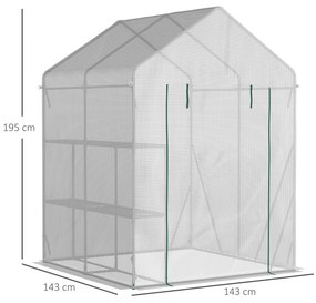Outsunny Estufa de Jardim 143x143x195cm Estufa de Aço com 2 Prateleiras Porta e 2 Janelas Enroláveis para Cultivo de Plantas Vasos de Flores Pátio Exterior Branco