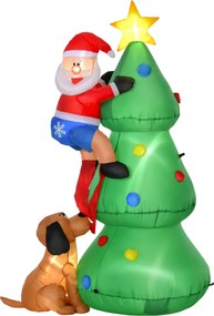 Árvore de Natal insuflável 180 cm com luzes LED, Pai Natal e cão, para interior e exterior, multicolor