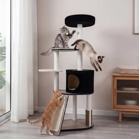 Arranhador para Gatos, 70 x 40 x 155 cm, Multinível com Casinha, Preto+ Branco