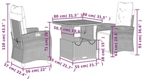 3 pcs conjunto de jantar p/ jardim c/ almofadões vime PE cinza