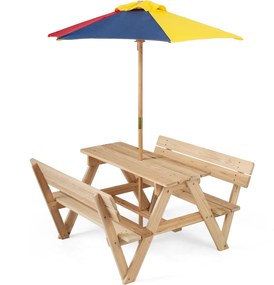 Mesa de piquenique infantil com 2 bancos integrados, guarda-sol removível e encosto em madeira de abeto, para crianças dos 3 aos 8 anos – praia, jardi